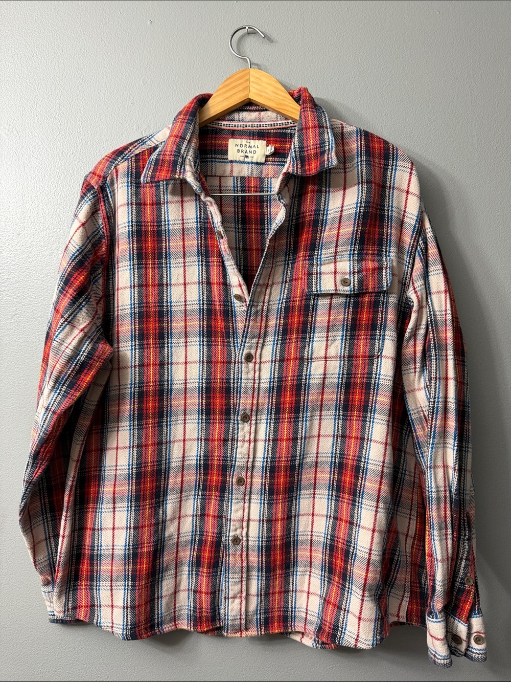 the normal brand red  plaid button down shirt Men's Burgundy Plaid Button-Up xl